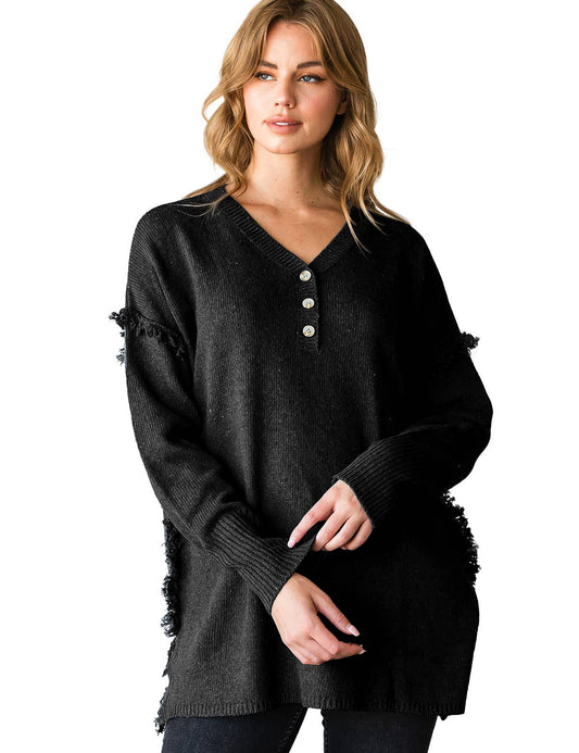 CWOSWL1832_BUTTON DOWN FRINGE SHOULDER SWEATER KNIT TOP