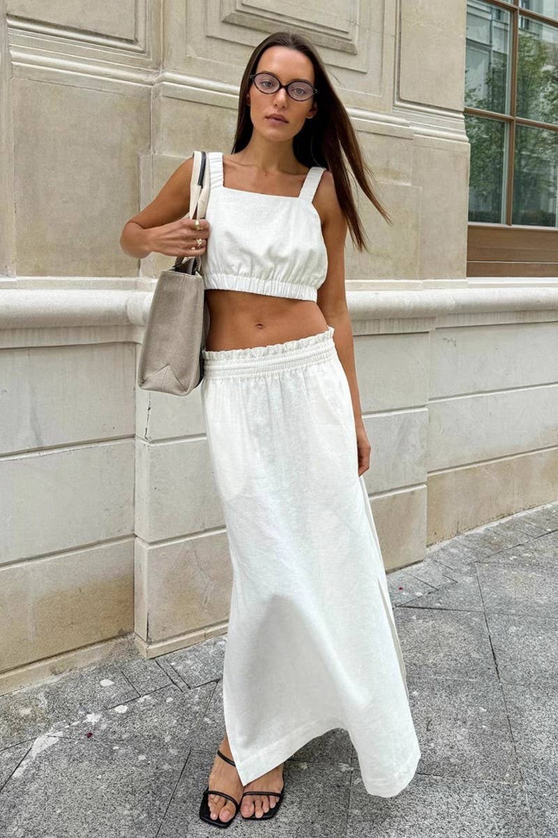 CWSS1169_COTTON-LINEN CAMI TOP & SPLIT MIDI SKIRT SET