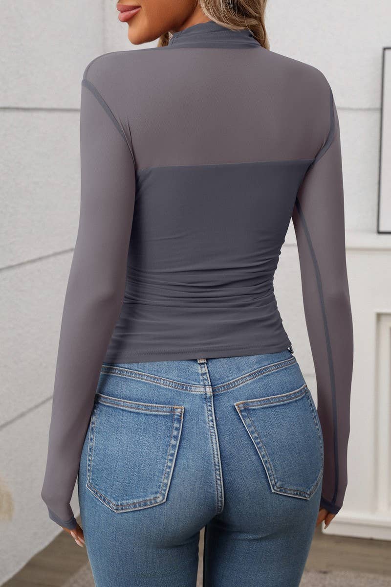 CWTBLL3695_HALF TURTLENECK SEE-THROUGH LONG SLEEVE MESH TOP