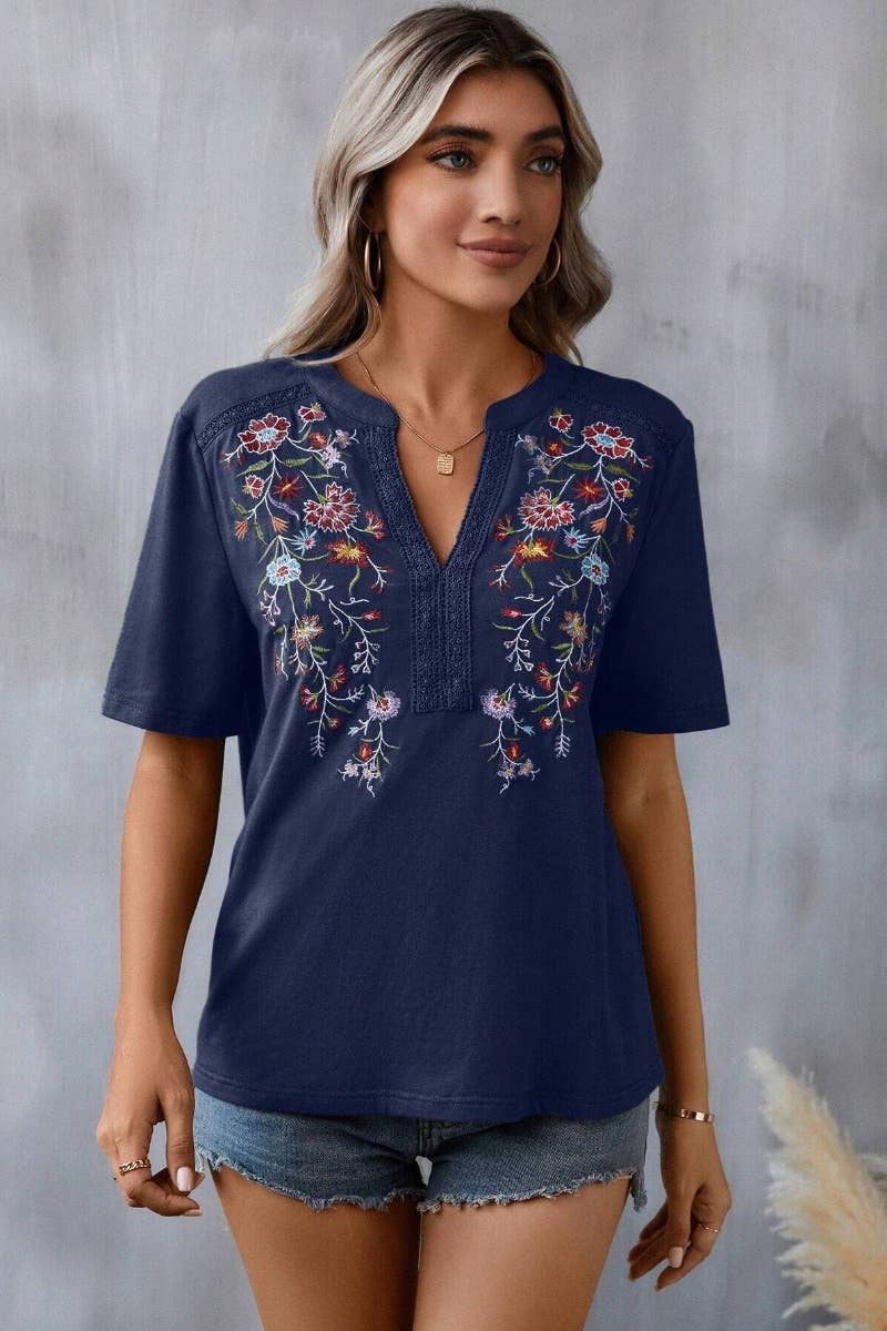 CWTBLS1118_EMBROIDERY PATCHWORK LACE LACE SHORT SLEEVE TOP