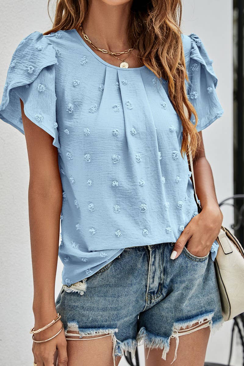 CWTBLS0342_Round neck Short Puff Sleeve Blouse