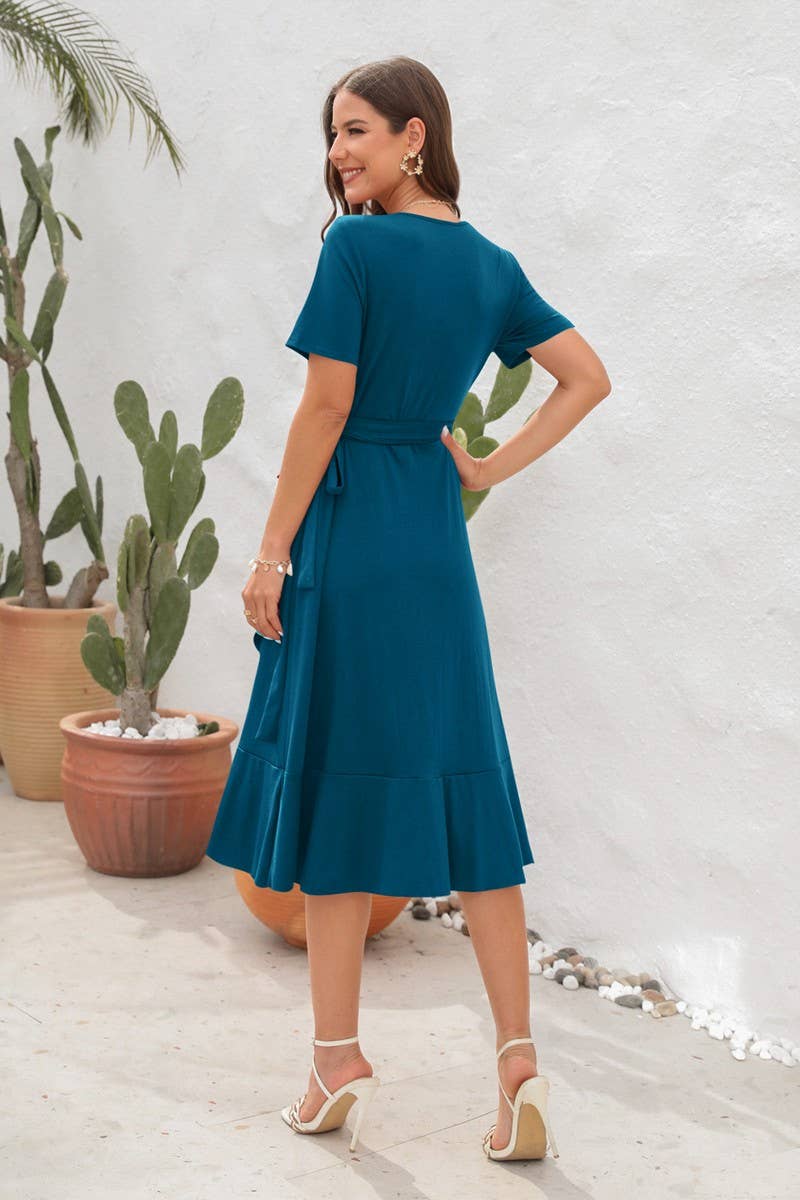 CWDMD2151_SOLID COLOR V-NECK HIGH WAIST BELTED DRESS