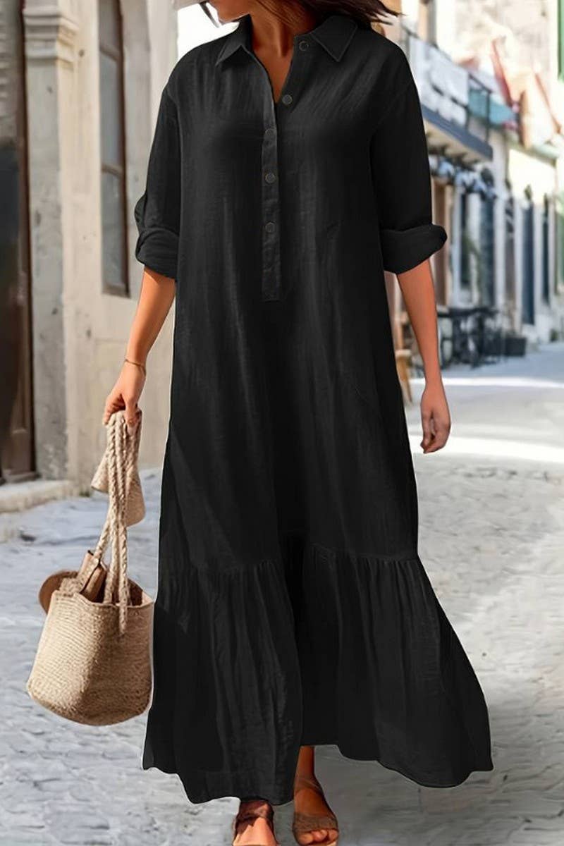 CWDMD01059_TWIST-BUTTON CASUAL IRREGULAR SHIRT COLLAR DRESS