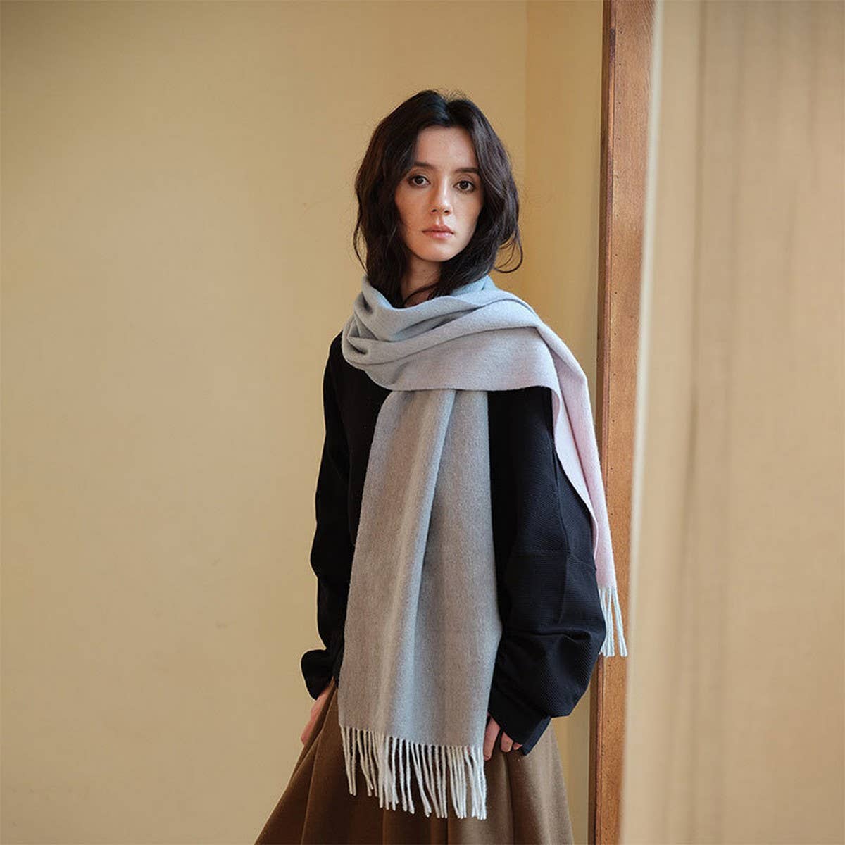 Pink Gradient Wool Scarf - Warm Reversible Winter_CWASC2376
