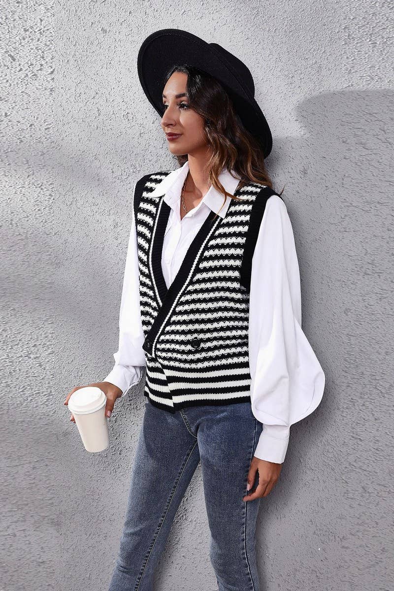 CWOV0488_STRIPED KNITTED CARDIGAN SWEATER VEST