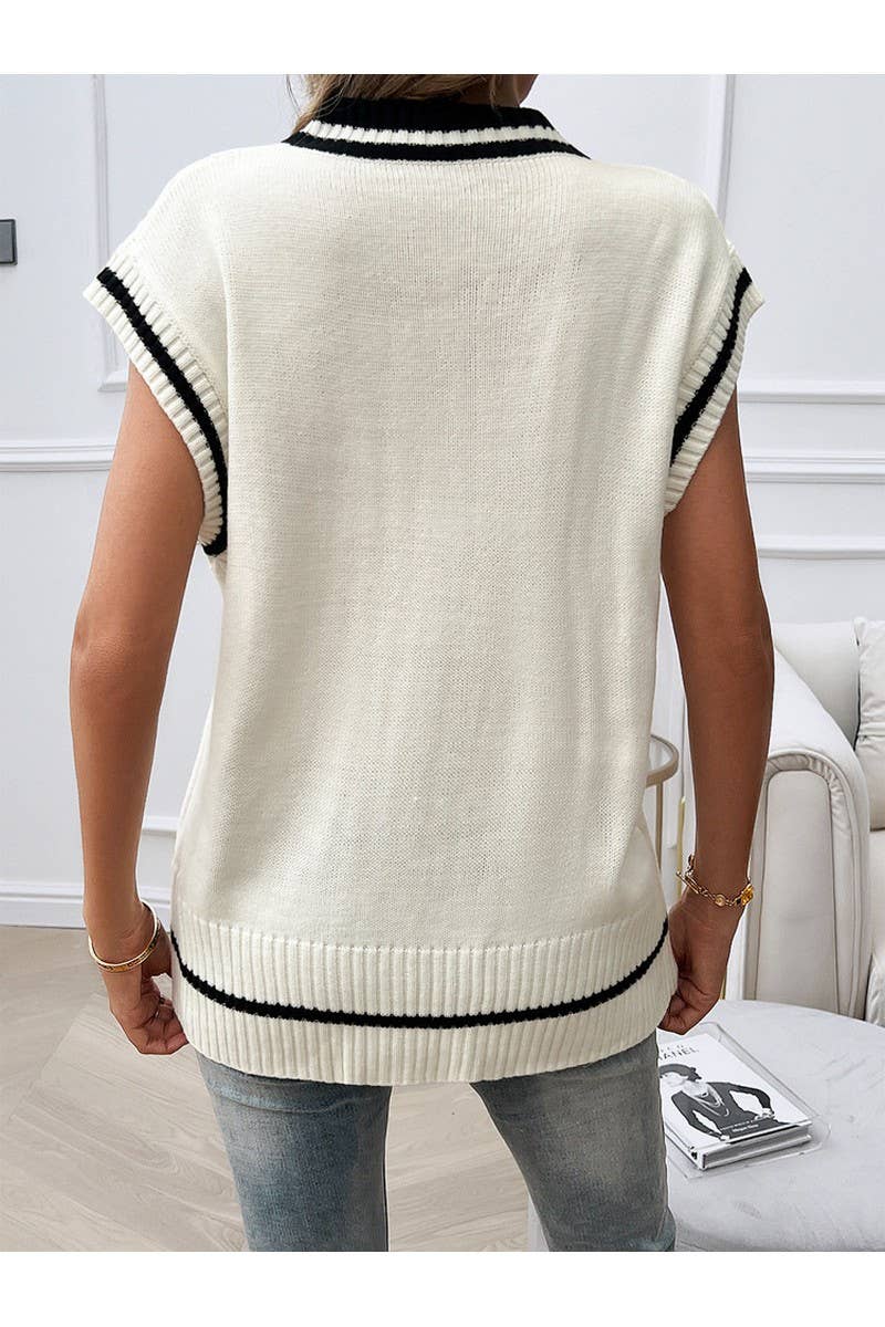 CWOV0435_Casual V-Neck Color Matching Knit Sweater Vest
