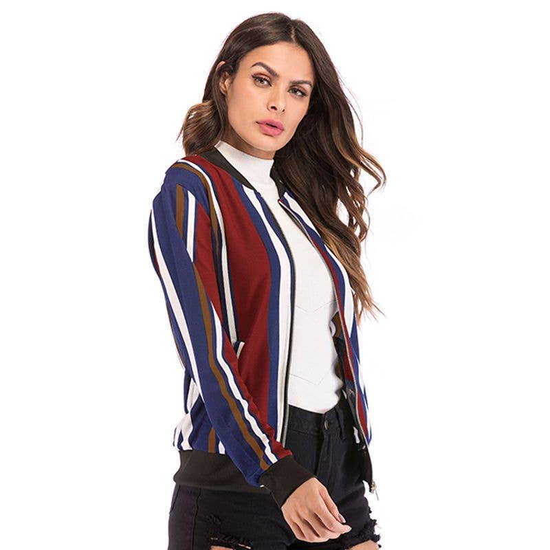 COLOR-MATCHING VERTICAL STRIPED BASEBALL JACKET