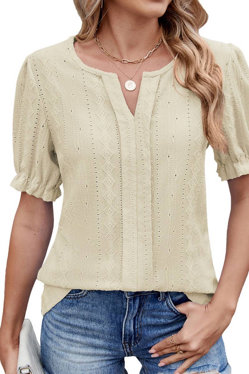 CWTTS1331_SUMMER V-NECK LOOSE PUFF SLEEVE JACQUARD T-SHIRT