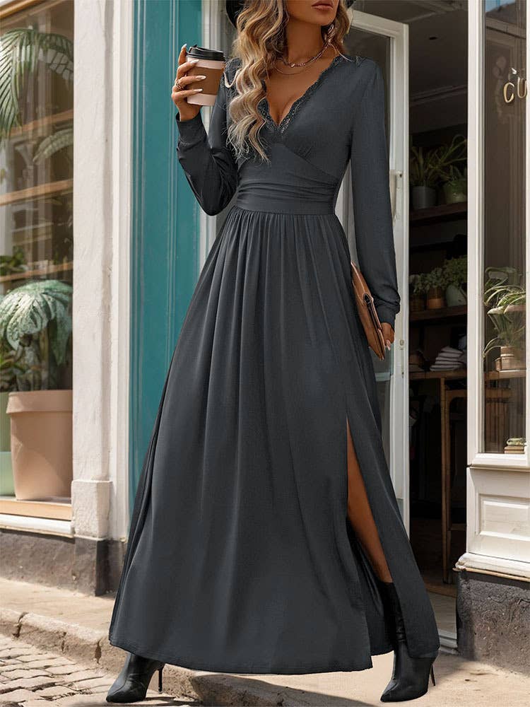 DEEP V-NECK SOLID SLIT LONG SLEEVE WAIST DRESS
