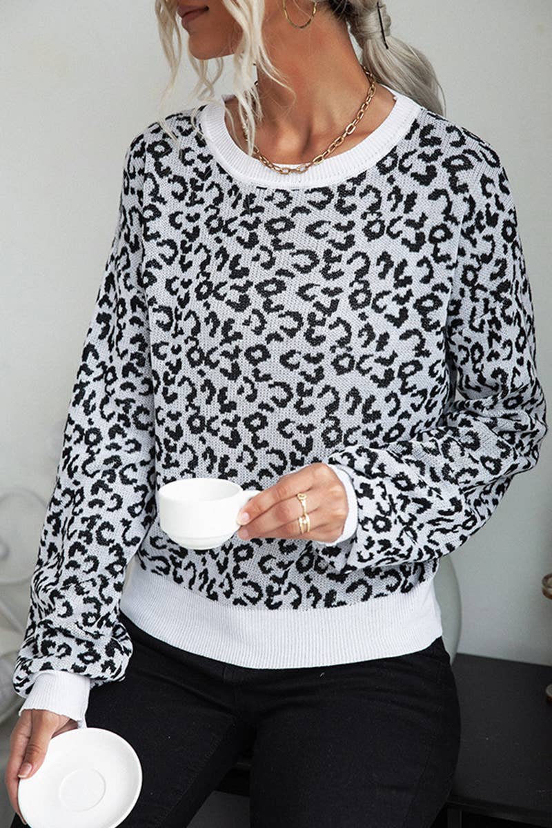 CREW-NECK KNIT LEOPARD PRINT JACQUARD SWEATER