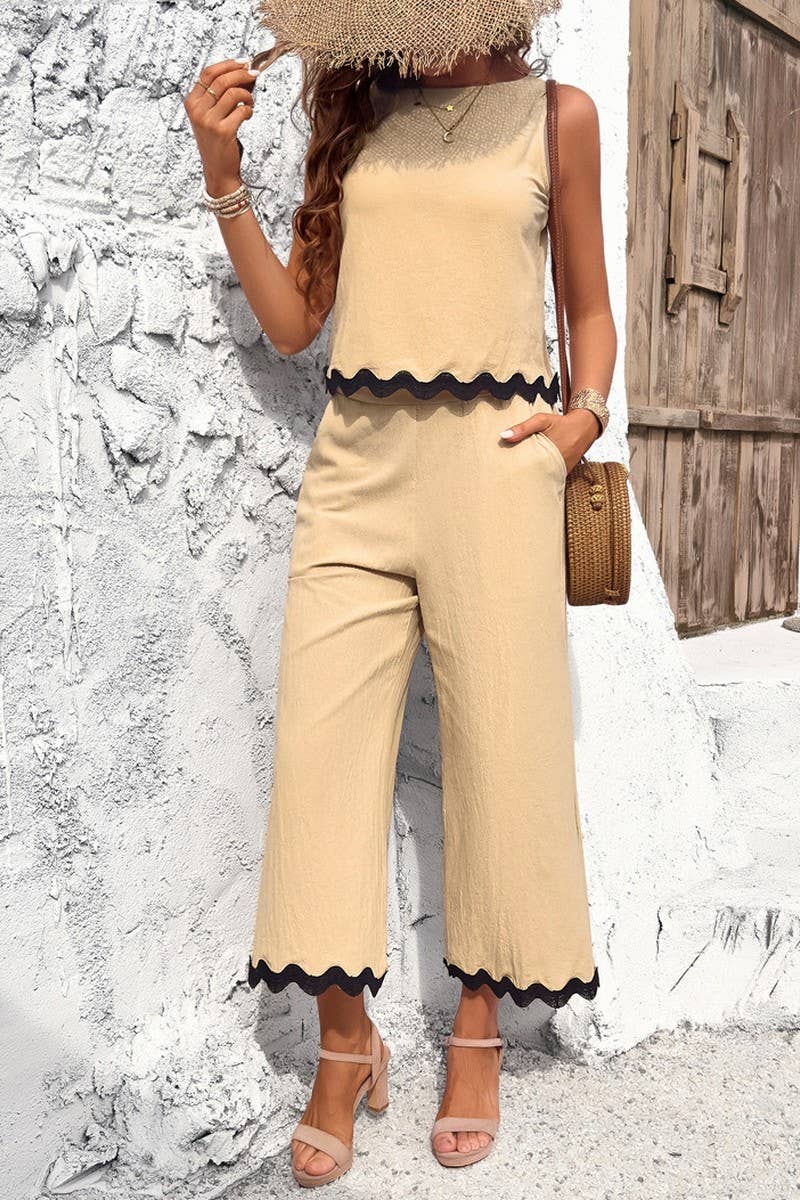 CWSTB0450_Round Neck Sleeveless Top Cropped pants Set