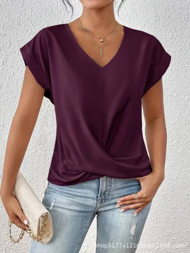 Elegant short-sleeved solid-color V-neck T-shirt