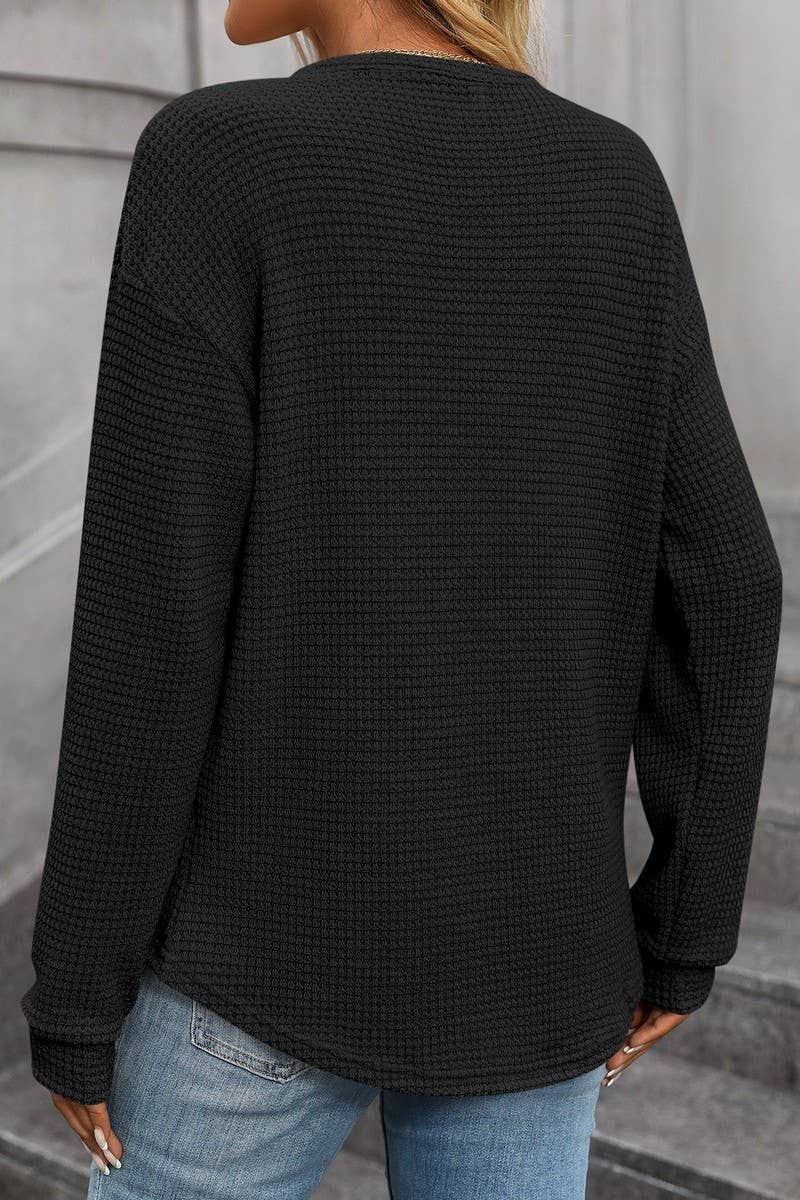 CWTBLL1821_WAFFLE SOLID COLOR ROUND NECK POCKET LOOSE TOP