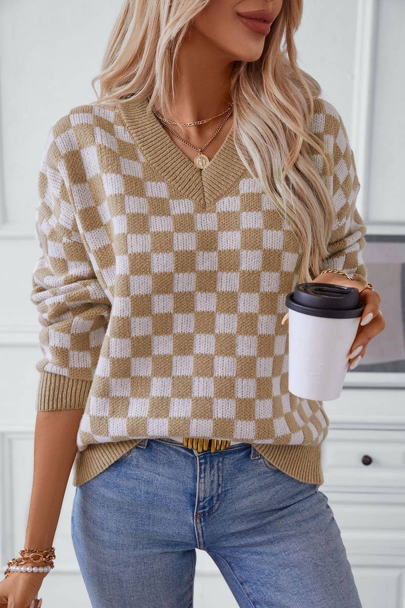 CWOSWL2840_V-NECK CASUAL PULLOVER PLAID KNITTED SWEATER