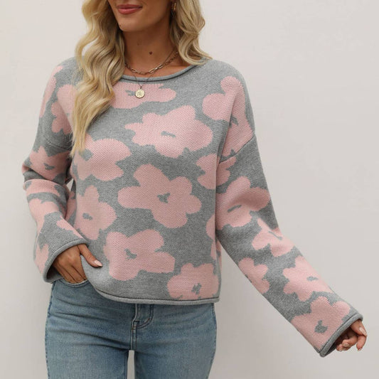 FLORAL JACQUARD SWEATER WITH LINE NECK ROLLED HEM