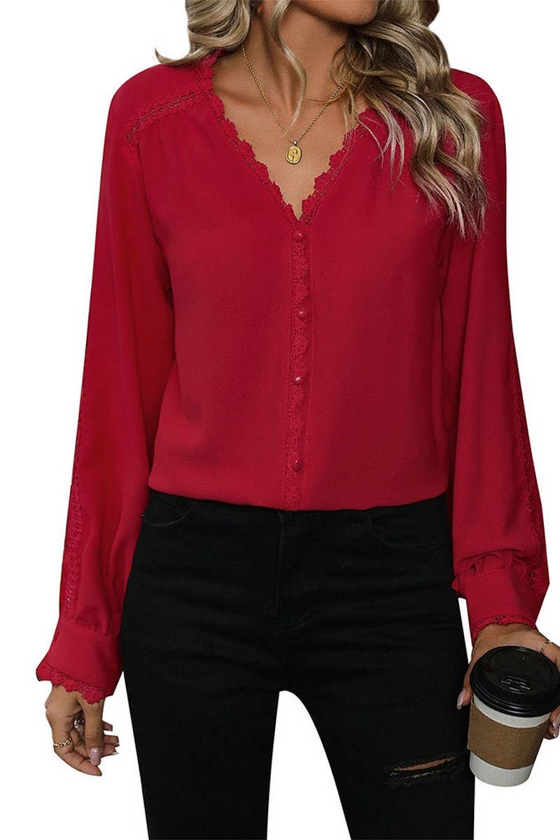 CWTBLL1222_V-NECK CASUAL LONG-SLEEVED RED SHIRT