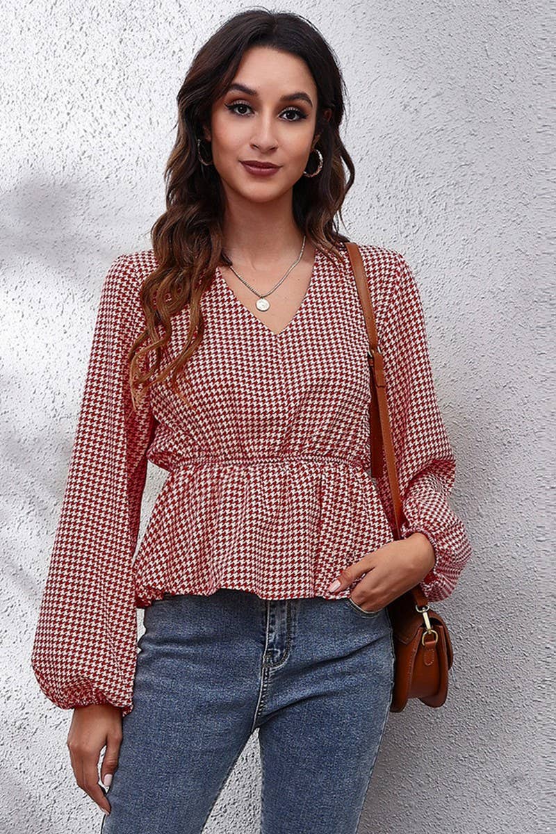 CWTBLL0707_V-Neck Long Sleeve Print Blouse