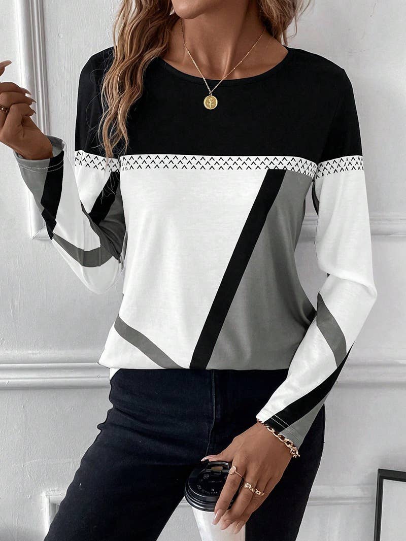 COLOR CONTRAST PATCHWORK GEOMETRIC PRINT BLOUSE_CWTBLL0914
