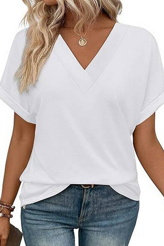 CWTBLS2191_SOLID V-NECK LOOSE BATWING SLEEVE CROP TEE