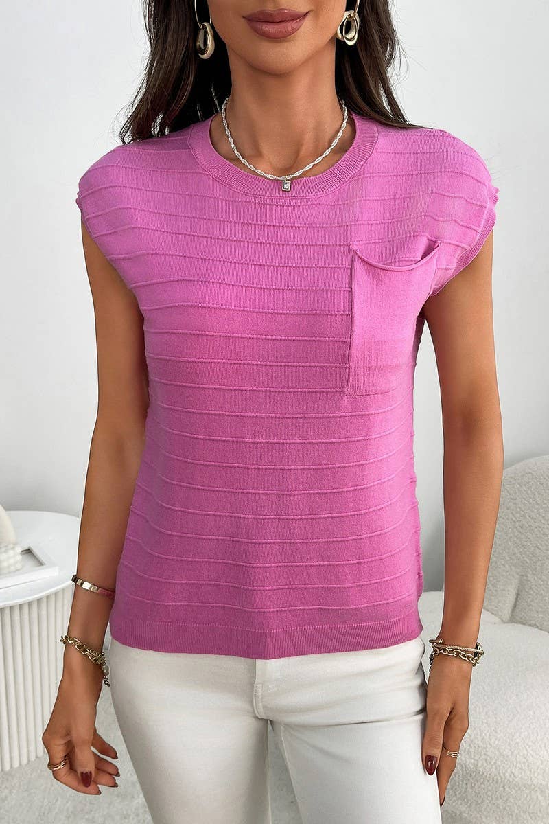CWTBLS2258_STRIPED KNIT SHORT SLEEVE POCKET PULLOVER SWEATER