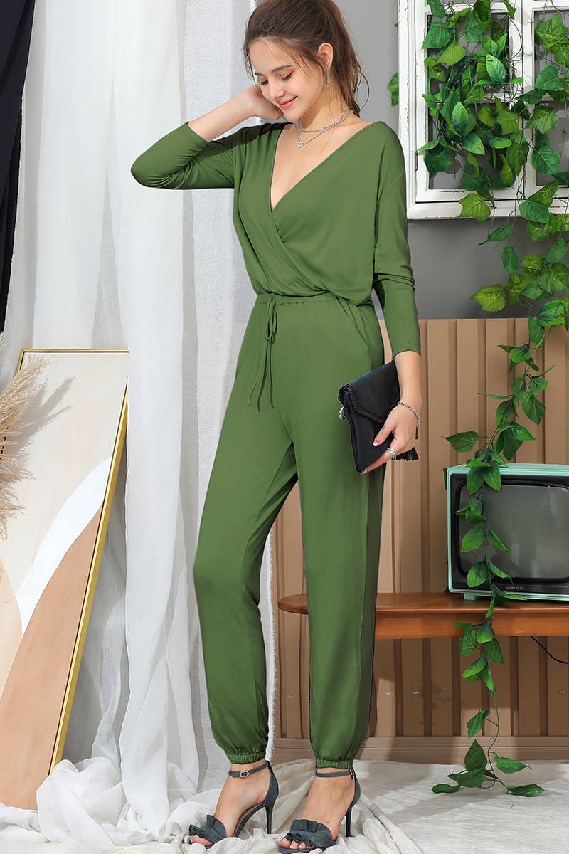 CWSJS221_V Neck Casual Jumpsuits Long Sleeve