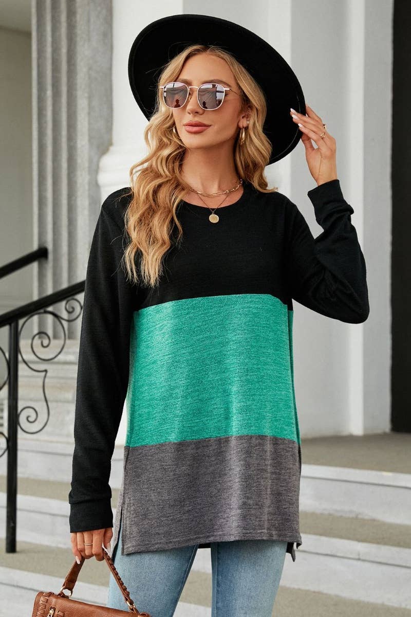 CWTBLL2818_CREW-NECK COLOR MATCHING LONG-SLEEVED TOP