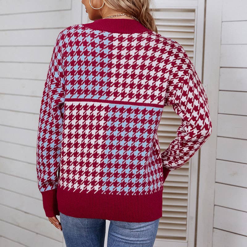 CONTRASTING COLOR PLAID FASHION PULLOVER SWEATER