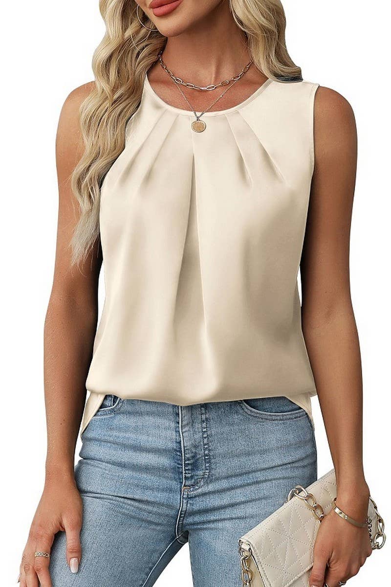 CWTBLSL0967_RUCHED SATIN CREW NECK SLEEVELESS BLOUSE