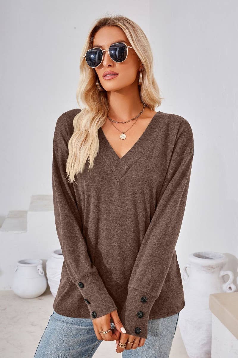 CWTBLL2683_AUTUMN LOOSE SIMPLE V-NECK LONG SLEEVE TOP