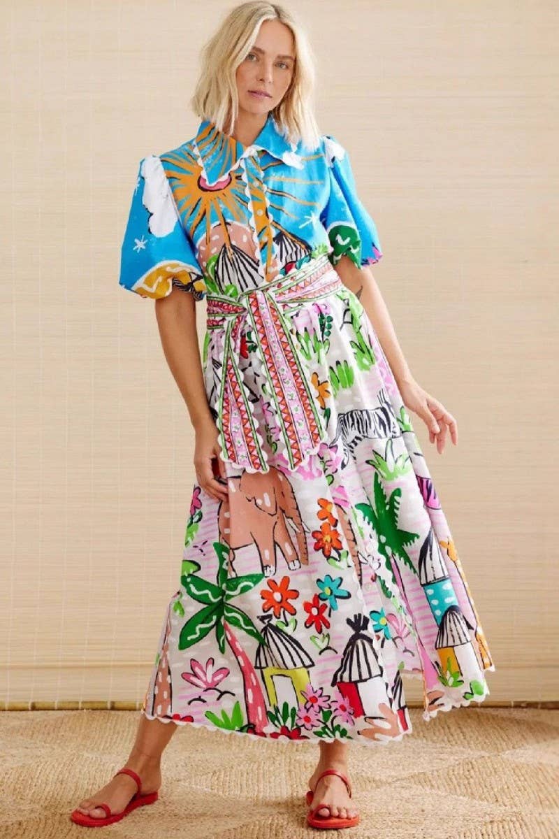 CWDMD00970_LAPEL PRINTED CASUAL CARDIGAN SHORT SLEEVE DRESS