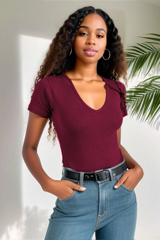 CWSBSS0049_SEXY SLIM FIT RIBBED V-NECK BODYSUIT