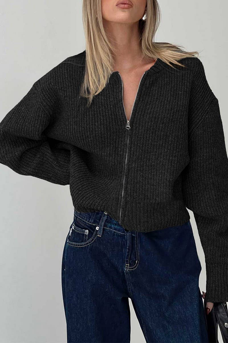 CWOSWL07497_CASUAL SIMPLE LONG SLEEVE ZIP KNIT SWEATER