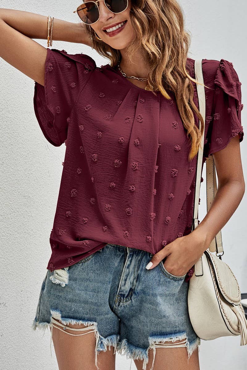 CWTBLS0342_Round neck Short Puff Sleeve Blouse