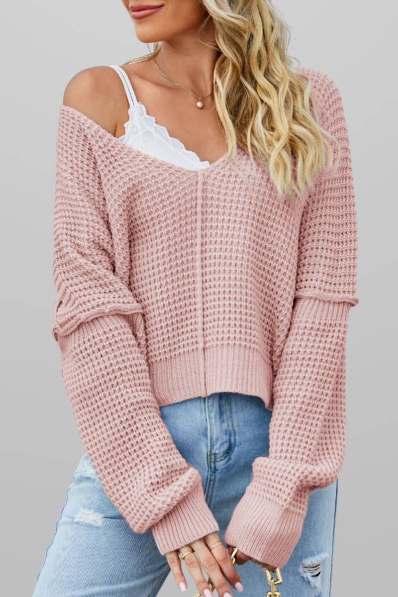 CWOSWL5882_KNIT LONG-SLEEVED V-NECK SHOULDER SWEATER
