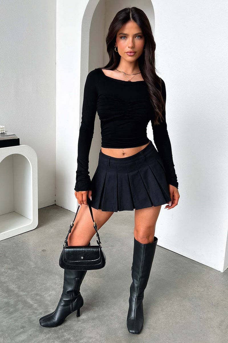 CWTBLL3962_SOLID RUCHED SLIM FIT PULLOVER LONG SLEEVE TEE