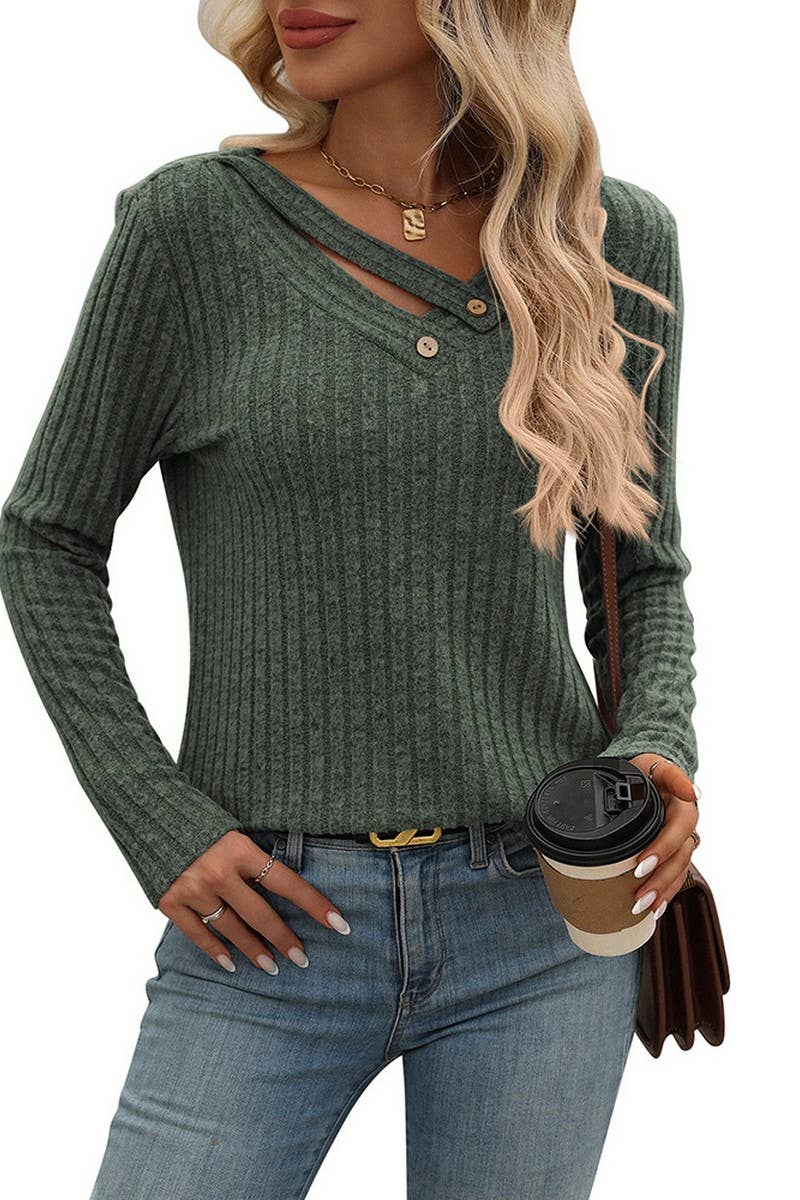 CWTBLL1487_RELAXED V NECK RIBBED BUTTON TOP