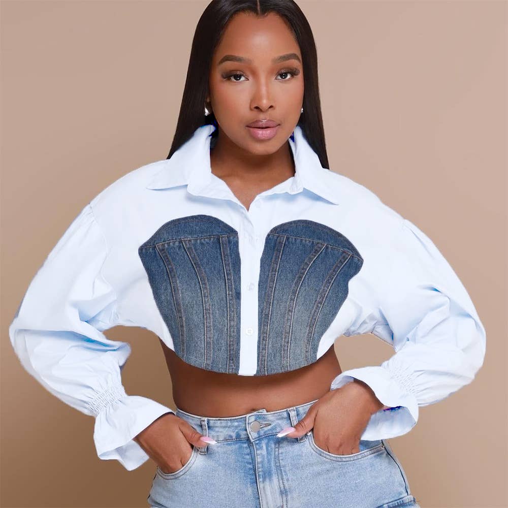 DENIM PATCHWORK SHIRT WITH CROP HORN SLEEVES