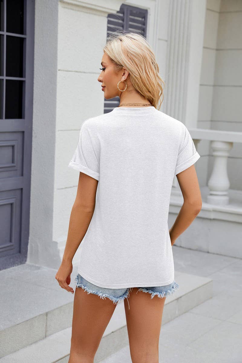 CWTBLS0866_V-NECK SOLID COLOR BUTTON-DOWN SHORT-SLEEVED TOP