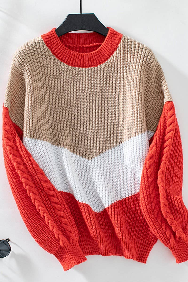 CWOSWL2877_CONTRAST CREW NECK LOOSE CABLE KNIT SWEATER