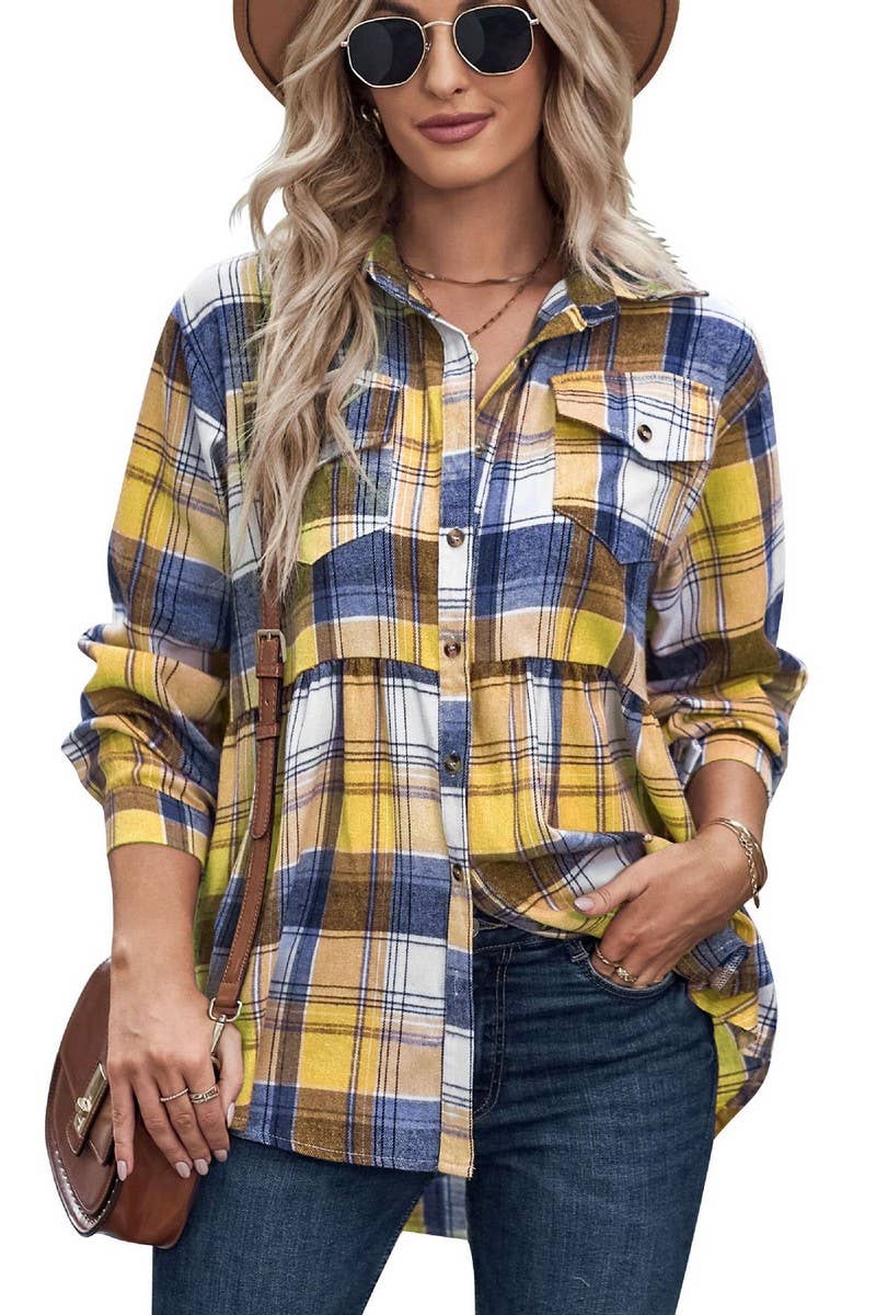 CWTSTL2484_LAPEL LONG SLEEVE POCKET CASUAL PLAID SHIRT