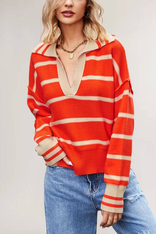 CWOSWL6849_V-NECK STRIPED CONTRAST COLOR LOOSE SWEATER