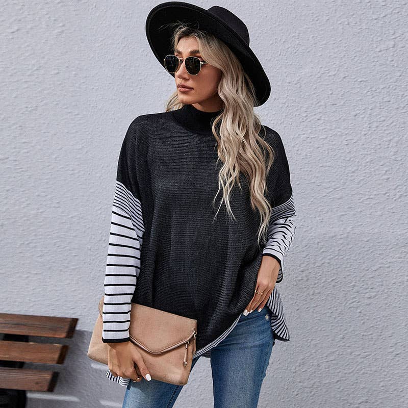 BAT-SLEEVED STRIPED HALF-TURTLENECK KNITWEAR