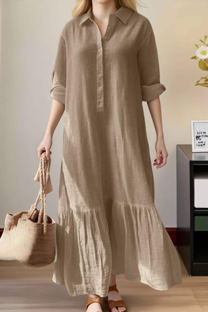 CWDMD01059_TWIST-BUTTON CASUAL IRREGULAR SHIRT COLLAR DRESS