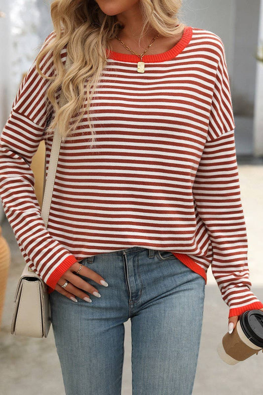 CWOSWL4272_ROUND NECK STRIPED CONTRAST COLOR CASUAL SWEATER