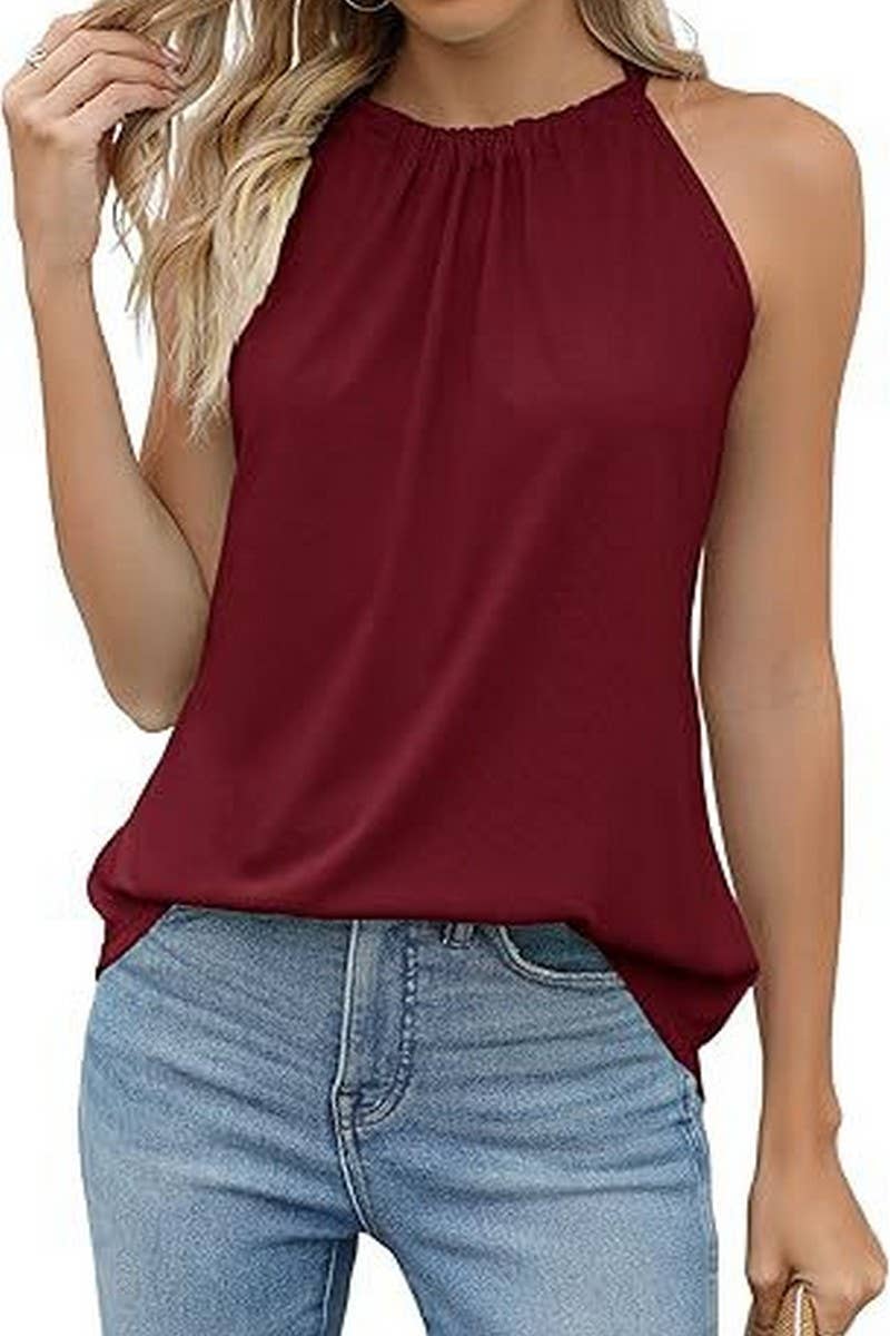 CWTBLSL0909_CASUAL SOLID RUCHED TIE NECK SLEEVELESS TOP