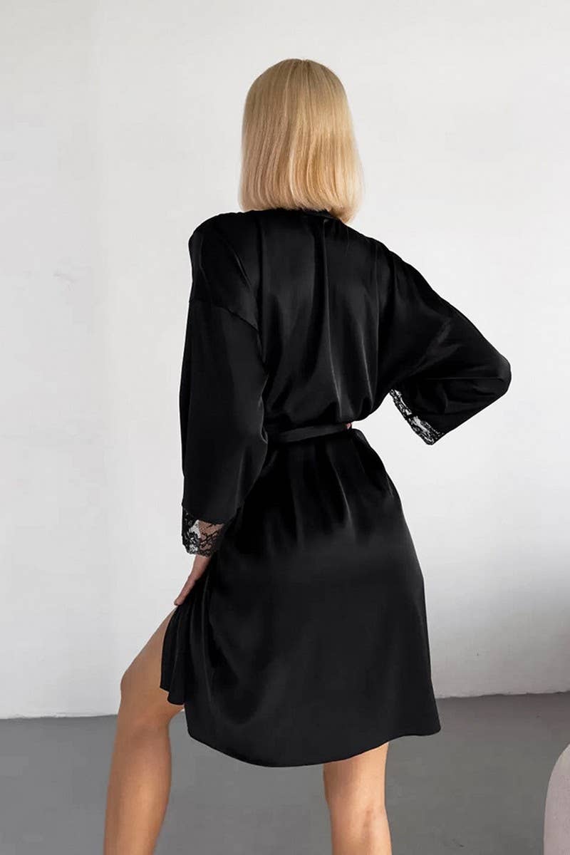 CWSPJ0401_SATIN LACE CARDIGAN TIE LONG SLEEVE NIGHTGOWN