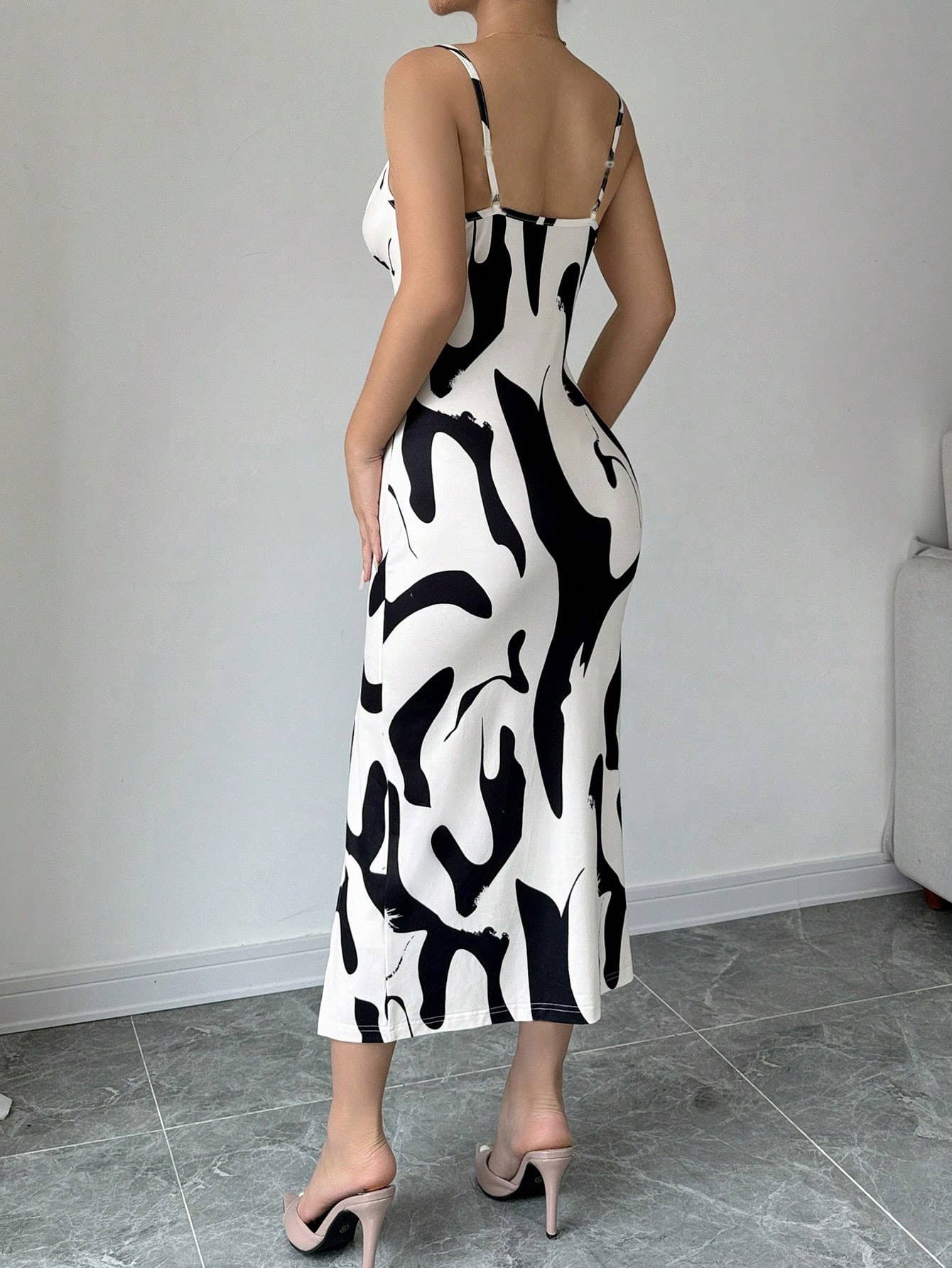 Chic Cow Print Sleeveless Midi Dress with Straps
