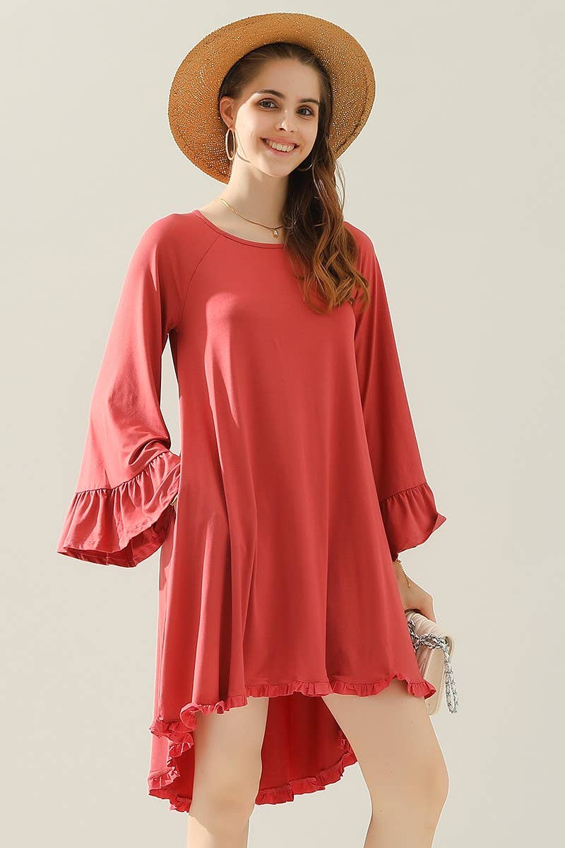 CWDSD10406_RUFFLE DETAIL LONG SLEEVE DRESS WITH SIDE POCKET