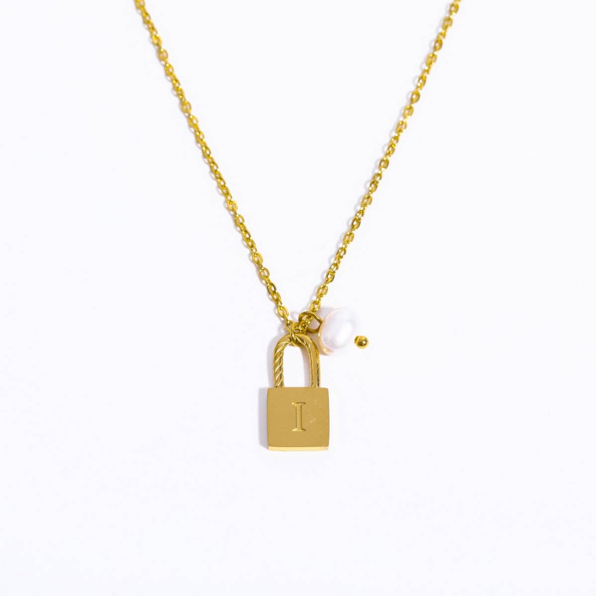 Stainless Steel Letter Pearl Lock Pendant Necklace_CWMM5298