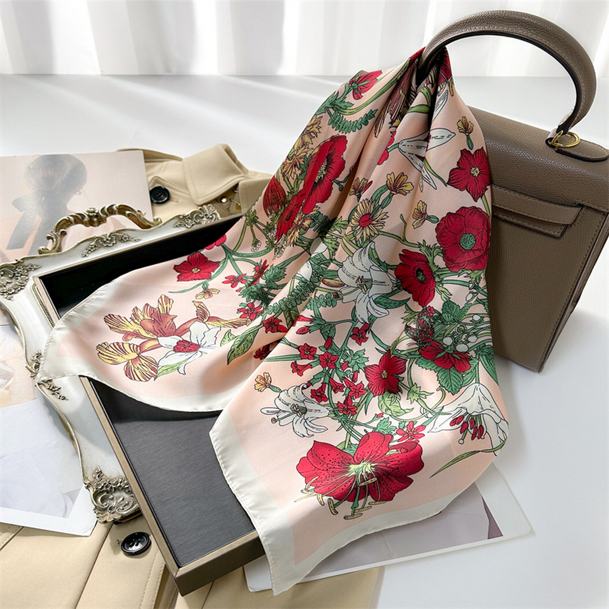 Lily Print Satin Square Scarf for Summer Sun